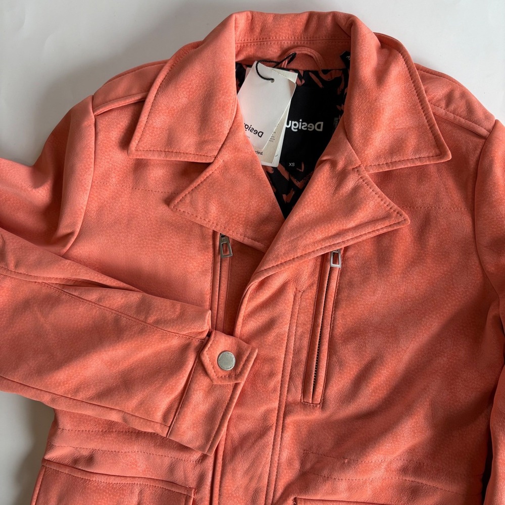 Desigual Womens XS Coral Straight Multi Pocket Jacket Moto Biker Zip Closure NEW